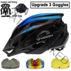 MOON 사이클링 헬멧 초경량 자전거 헬멧 인몰 드 MTB 자전거 헬멧 Casco Ciclismo Road Mountain Helmet, 블루 블랙 3 렌즈, L 58  61cm