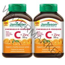 Jamieson 자미에슨 비타민 C + 아연 Zinc 500mg 400정-2병(맛있게 씹어먹는 비타민C>면역력 UP!>캐나다 직배송), 2병, 400정
