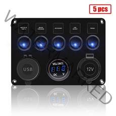 미니 카라반 용품 부품 car boat 5 gang switch panel for boat yacht caravan truck 방수 전압계 전원 듀얼 usb 소켓 패널 led, 1 세트 블루