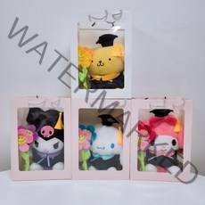 산리오졸업인형(쿠로미 마이멜로디 시나모롤 폼폼푸린)+스마일꽃인형2송이+투명창쇼핑백 세트, 쿠로미세트